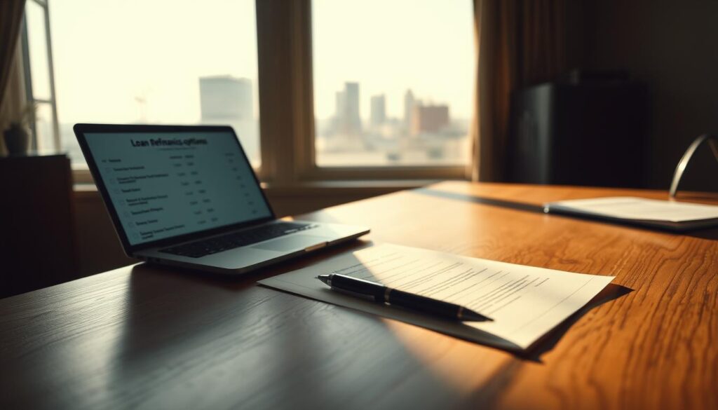 A dimly lit home office, with a wooden desk and a laptop displaying loan refinancing options. On the desk, a stack of documents and a pen, casting long shadows from a soft, directional light source. In the background, a window overlooking a city skyline, hinting at the financial complexity of navigating auto loan refinancing choices. The scene conveys a sense of focus and contemplation, as the viewer is drawn into the decision-making process.