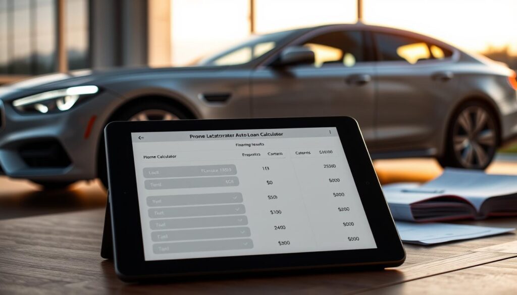 A sleek, modern automobile glimmering in the soft, warm light of an evening setting. In the foreground, a tablet device displays a clearly organized auto loan calculator interface, its crisp graphics and intuitive layout guiding the user through the process of interpreting their personalized financing results. In the middle ground, a set of neatly organized documents and financial statements provide context, while the background suggests a tastefully designed home office or study, evoking a sense of informed, responsible decision-making. The overall scene conveys a mood of clarity, confidence, and careful consideration of the important financial details involved in securing an auto loan.