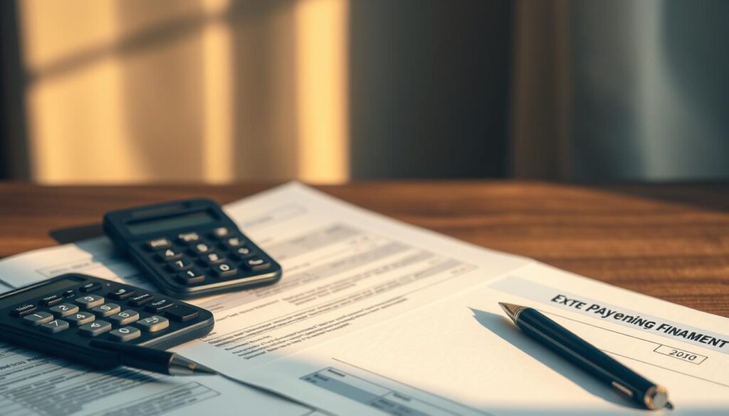 A strategic arrangement of financial documents, pens, and a calculator against a softly blurred background of muted colors. The scene conveys a sense of considered planning and wise financial management. Warm and muted lighting cast subtle shadows, creating a contemplative atmosphere. The composition emphasizes the importance of making extra payments to reduce interest costs over the lifetime of a loan, as suggested by the placement of the relevant materials. The overall visual tone is one of thoughtful and disciplined financial practices.