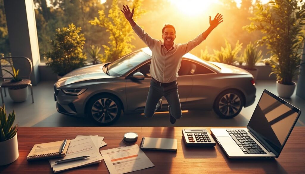 A vivid illustration of a person enthusiastically celebrating their rapid auto loan payoff. In the foreground, a person leaping joyfully, arms raised in triumph, standing before a sleek, modern car. The middle ground features a neatly organized workspace with financial documents, a laptop, and a calculator, conveying the diligence and planning that led to the early loan payoff. In the background, a warm, sun-dappled setting with lush greenery, suggesting a sense of accomplishment and financial freedom. Soft, directional lighting casts a golden glow, creating a mood of optimism and success. The entire scene is captured with a wide-angle lens to emphasize the sense of achievement and personal growth.