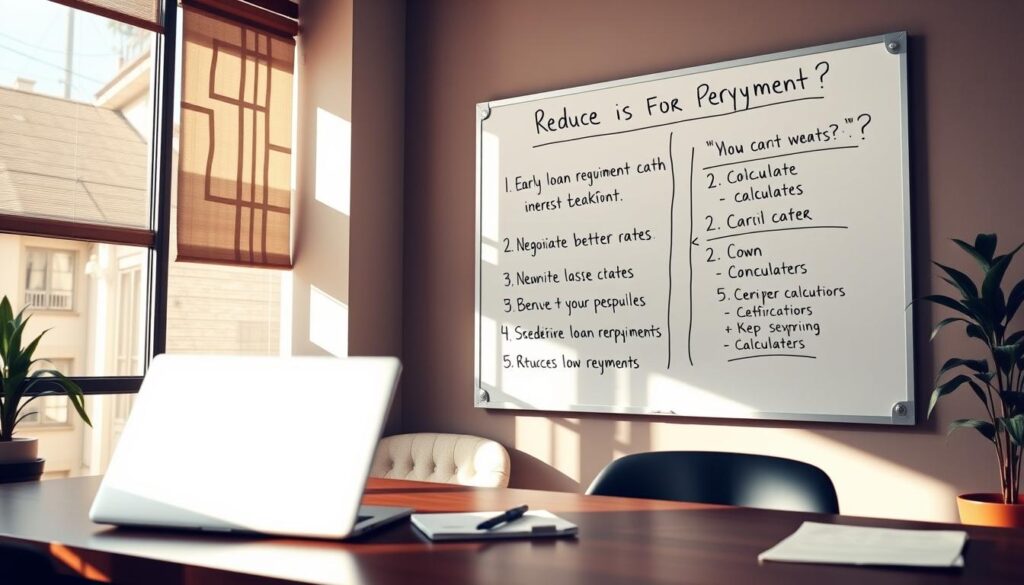 A well-designed office interior with a large whiteboard on the wall displaying various strategies for reducing interest costs, such as early loan repayment, negotiating better rates, and utilizing loan repayment calculators. The room is bathed in warm, natural lighting, creating a focused and productive atmosphere. The desk in the foreground features a laptop, pen, and notepad, indicating an active analysis of financial data. The overall scene conveys a sense of financial expertise and a methodical approach to maximizing savings on auto loan repayments.