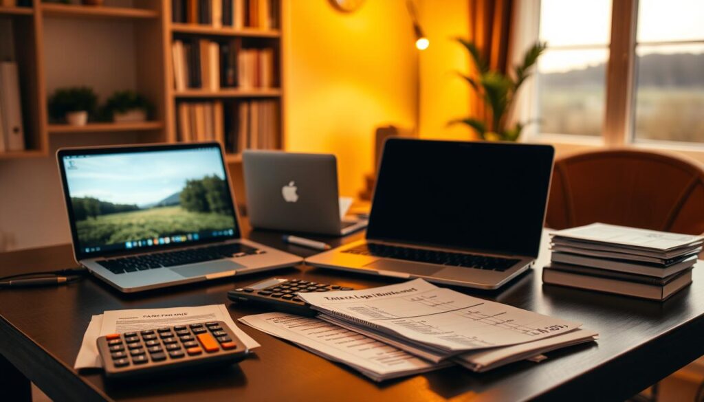 A well-organized home office scene with a desk, laptop, and various budgeting materials. On the desk, a stack of bills, a calculator, and a car loan statement, symbolizing the task of managing extra auto payments. Warm, diffused lighting illuminates the space, creating a contemplative atmosphere. The background features bookshelves and a calming landscape visible through a window, suggesting a balanced and thoughtful approach to personal finance. The overall composition conveys a sense of focus, organization, and financial responsibility.