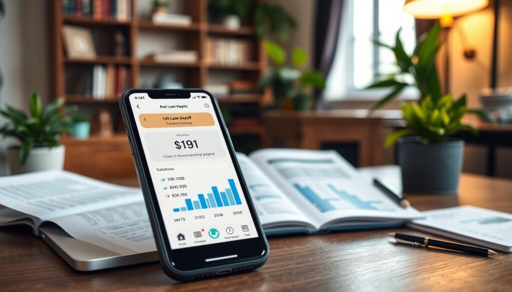 Detailed scene of innovative budgeting tools and strategies for auto loan payoff. In the foreground, a smartphone displaying a financial planning app with graphical visualizations of debt reduction and potential savings. In the middle ground, an open laptop with spreadsheets and budgeting software. In the background, a tasteful home office setting with bookshelves, plants, and warm lighting, creating a focused yet inviting atmosphere. The overall composition conveys a sense of financial empowerment, organization, and a proactive approach to managing personal finances and achieving financial goals.